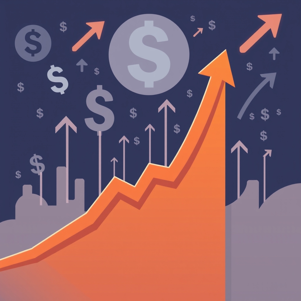 A stock market graph showing an upward trend, with a prominent line representing Alibaba's stock performance. The background features abstract financial symbols and icons, such as currency signs and upward arrows, to convey a sense of growth and investment.