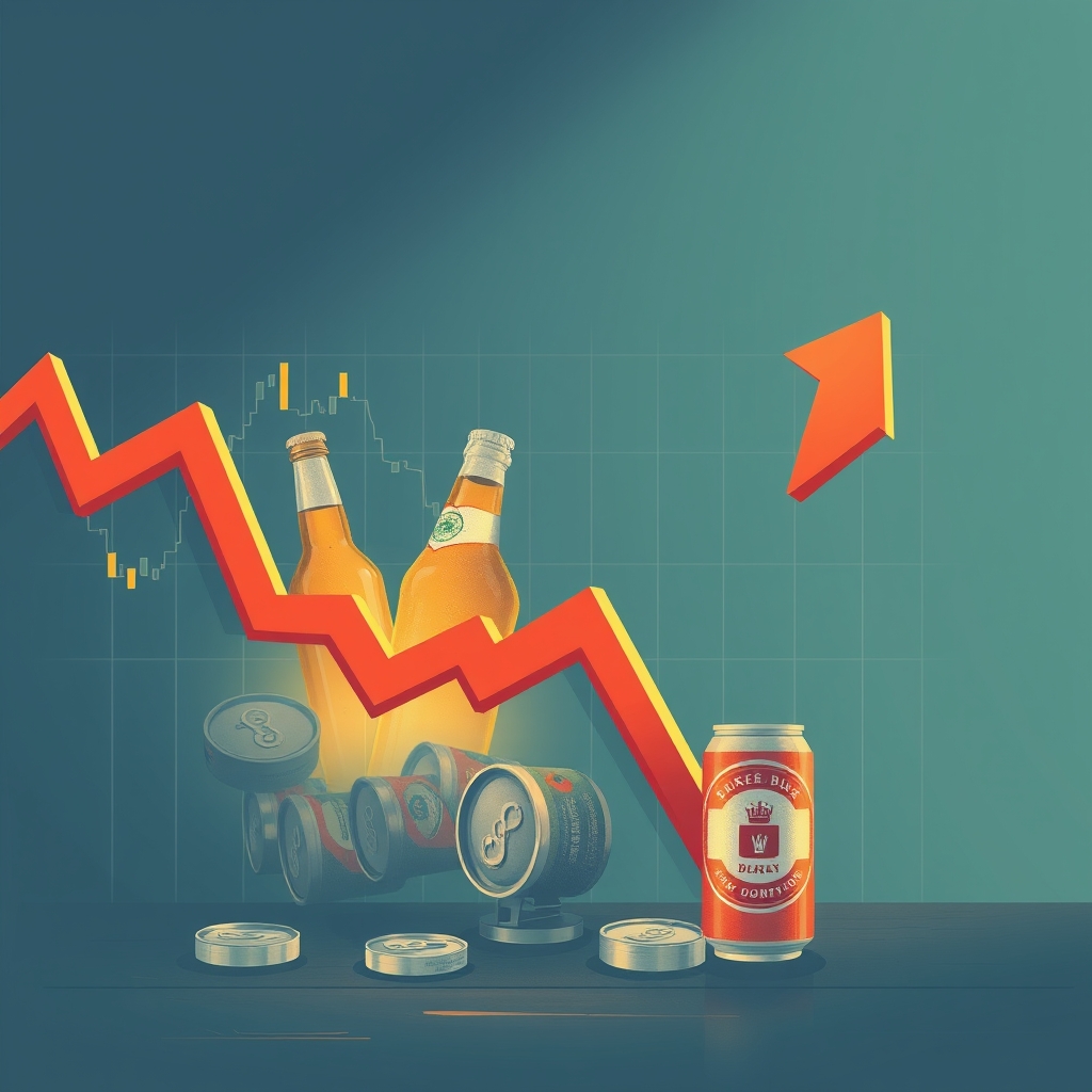 A downward trending graph representing a decline in stock prices, with a background of beer bottles and cans symbolizing the beverage industry.