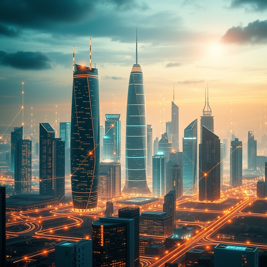 A futuristic city skyline with digital elements representing artificial intelligence and technology, featuring abstract shapes and glowing lines to symbolize innovation and growth in the AI sector.