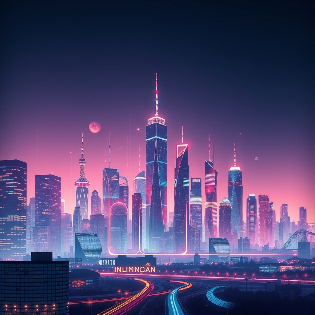 A futuristic city skyline with digital elements representing artificial intelligence, featuring abstract shapes and lines that suggest technology and innovation. The scene is vibrant and dynamic, symbolizing the growth and potential of the AI sector.