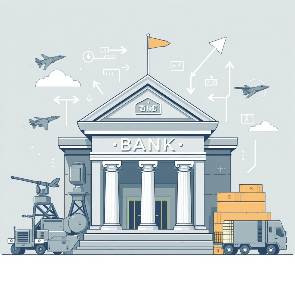 An illustration depicting a financial institution investing in defense technology, featuring a stylized representation of a bank building, military hardware, and supply chain elements like shipping containers and logistics icons, all interconnected with arrows symbolizing investment flow.
