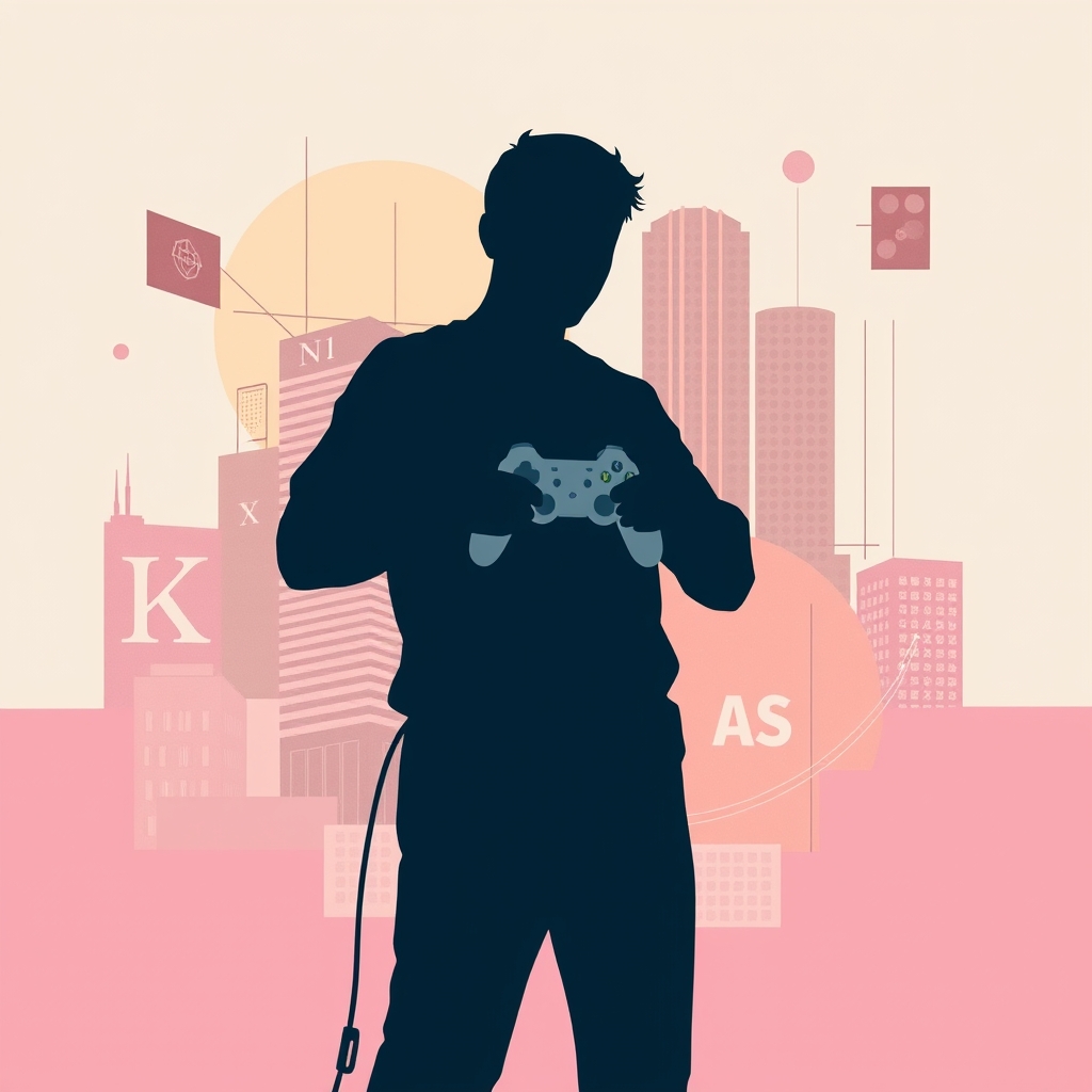 An illustration depicting a silhouette of a person holding a gaming controller, surrounded by abstract shapes representing the gaming industry, with a somber color palette to convey the theme of layoffs.