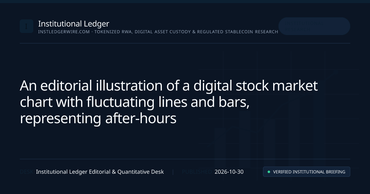 A digital stock market chart displaying fluctuating lines and bars, symbolizing after-hours trading activity. The background features abstract financial icons like arrows and dollar signs.