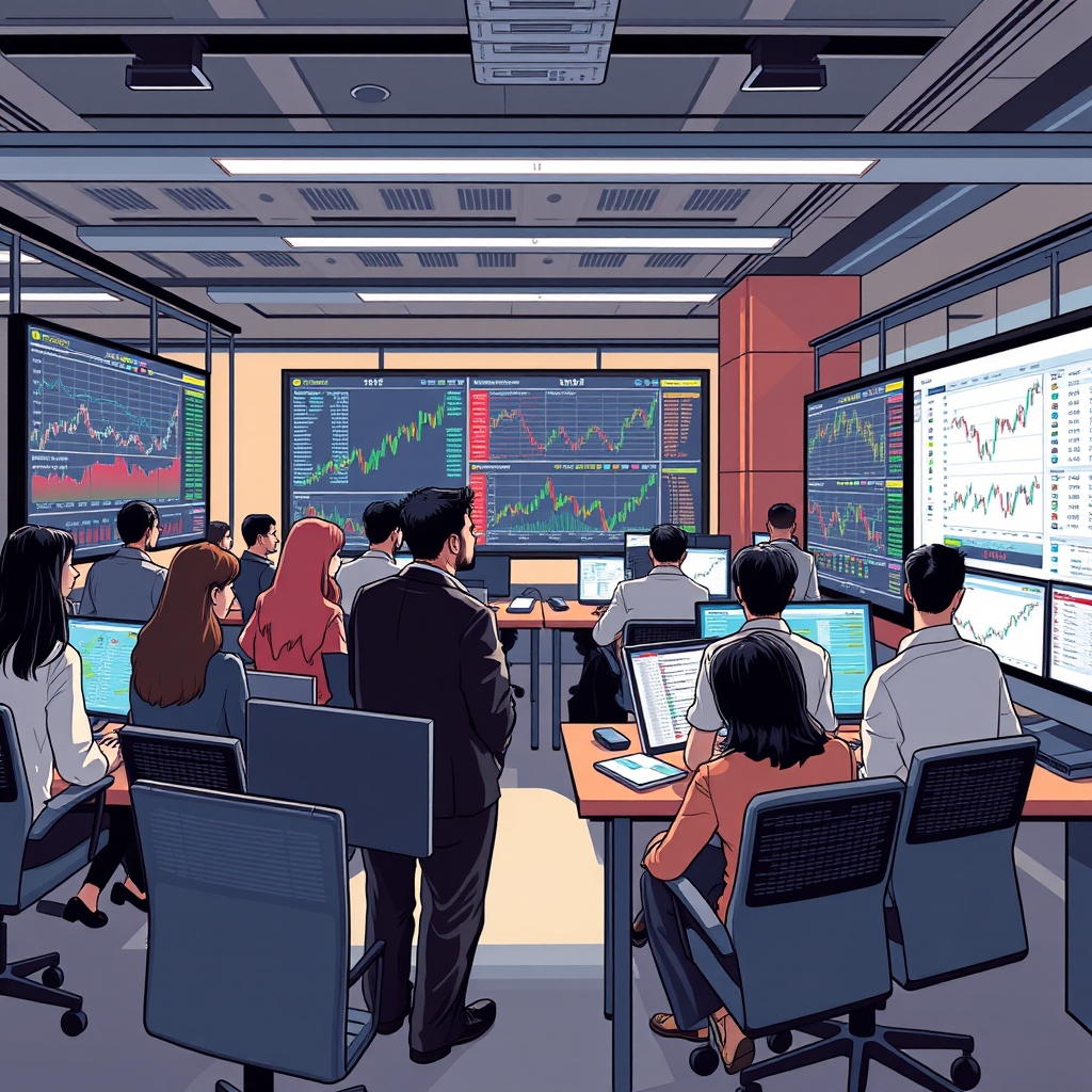 A diverse group of financial professionals analyzing stock market trends on multiple screens in a modern office environment, with graphs and charts displayed prominently.